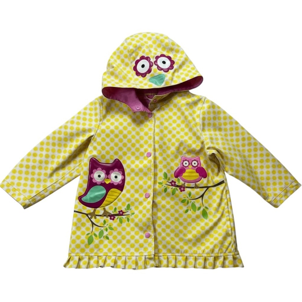Wippette Kids Girls Yellow Polka Dot Owl Rain Jacket Hooded Ruffle Coat 3T